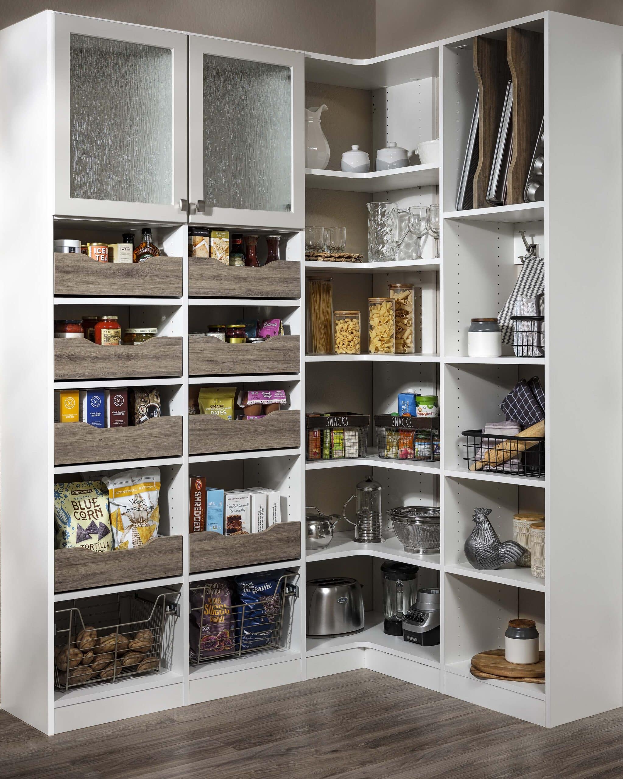 Image showcasing a fully finished Corner Pantries design by Modern Closet in Saskatoon