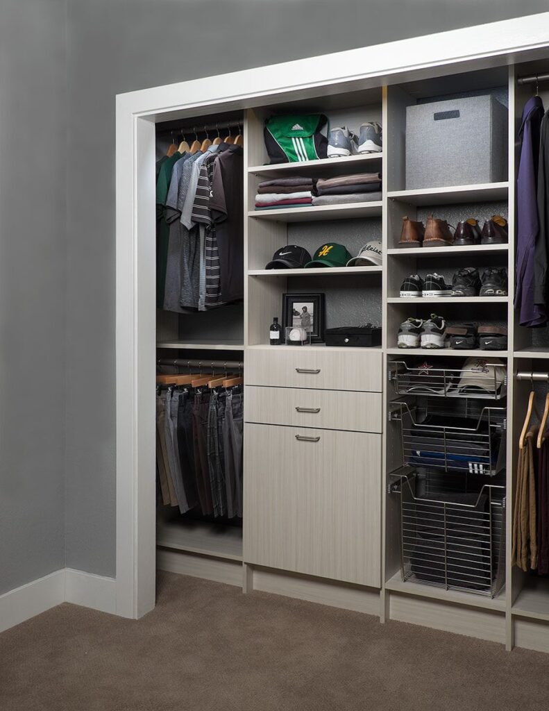 Image of a fully finished Arctic-Flat-Panel-Mens-Reach-In-Closet-Angle-Jan-2014
