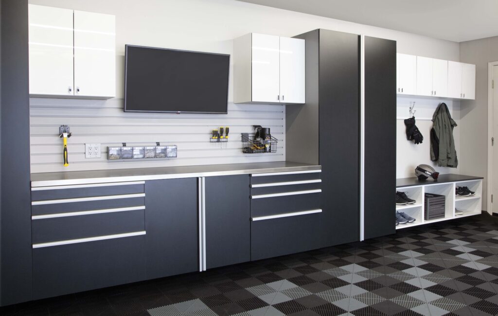 Image of a fully finished Basalt-Cabinets-Angle-White-Acrylic-Mudroom-Oct-2020