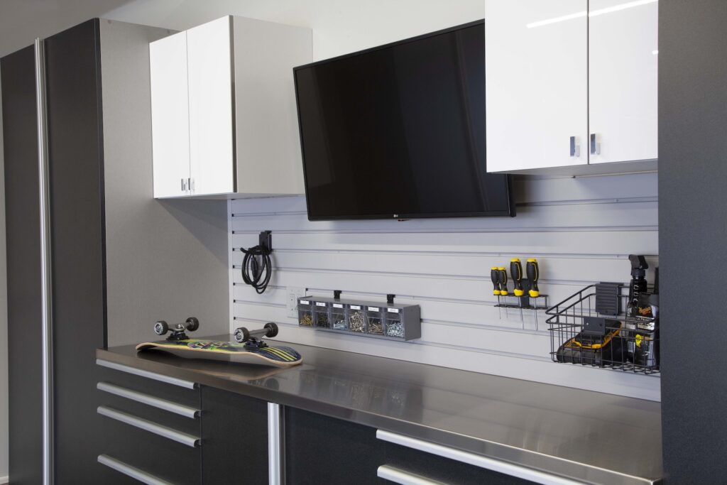 Image of a fully finished Basalt-Cabinets-Angle-Workbench-with-Skateboard-Oct-2020