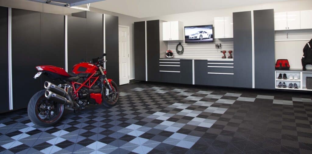 Image of a fully finished Basalt-Cabinets-Angle-with-Motorcycle-Oct-2020