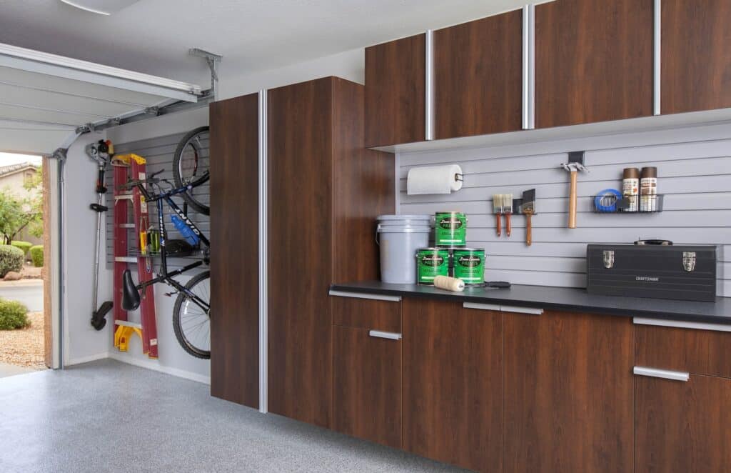 Image of a fully finished Coco-Cabinets-Ebony-Star-Counter-Slatwall-Smoke-Floor-Angle-Sep-2013
