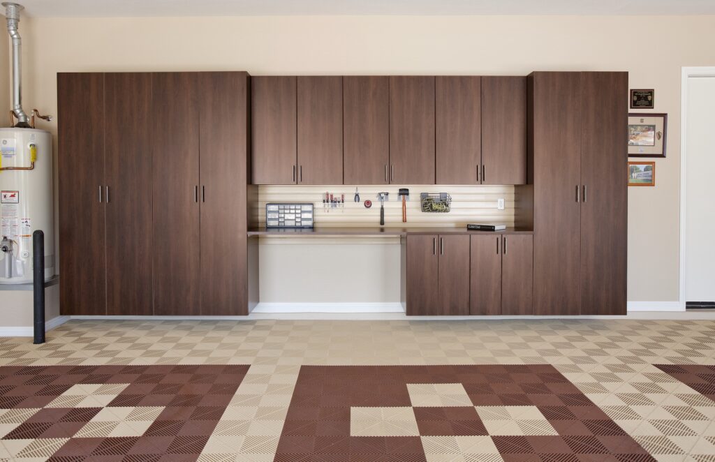Image of a fully finished Coco-Cabinets-with-Workbench-Maple-Slatwall-Swiss-Trax-Floors