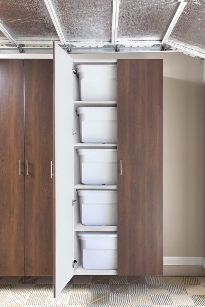 Image of a fully finished Coco-Tall-Cabinet-Door-Open-with-Storage-Bins