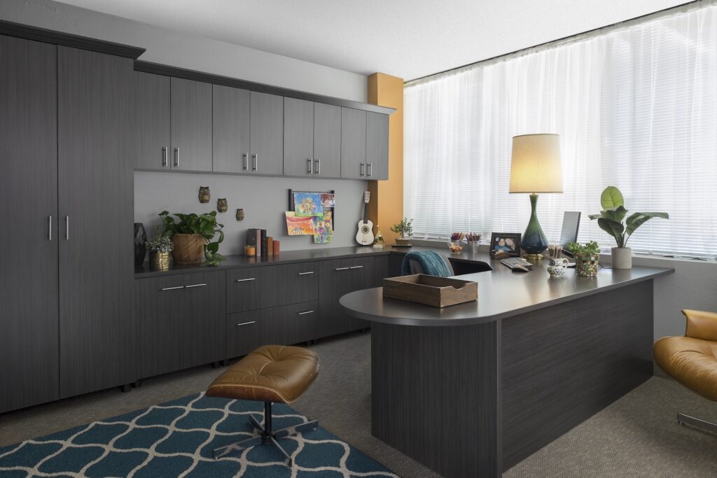 Image of a fully finished Licorice-Office-Flat-Panel-with-Stool-June-2015-1
