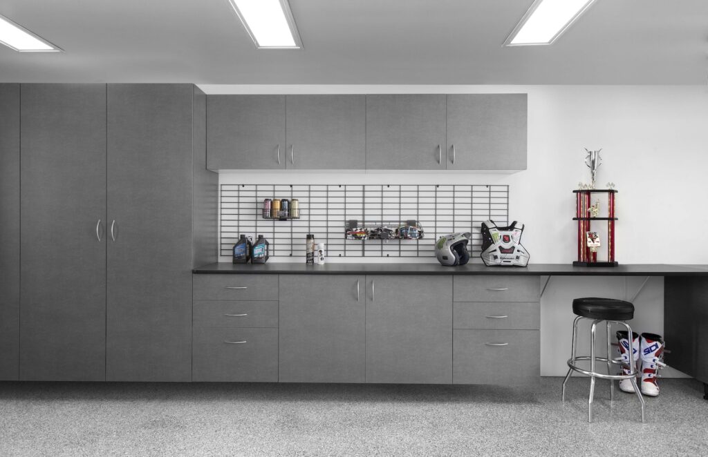 Image of a fully finished Pewter-Cabinets-Ebony-Star-Workbench-Silverado-Floor-DA-Trophy-Straight-May-2013