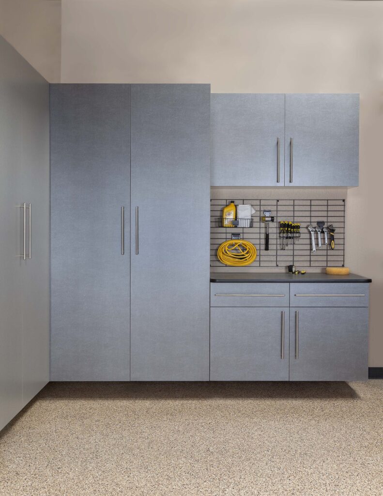 Image of a fully finished Pewter-Cabinets-Ebony-Workbench-Gridwall-Sedona-Floor-Feb-2013