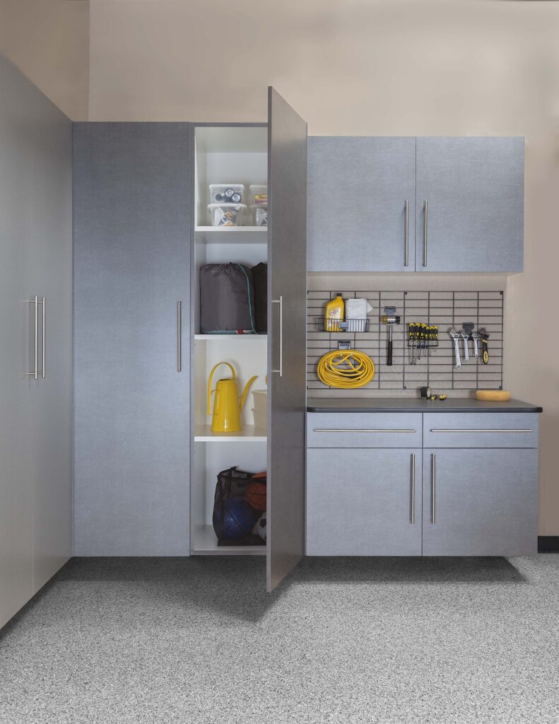Image of a fully finished Pewter-Cabinets-Ebony-Workbench-Gridwall-Smoke-Floor-Door-Open-Feb-2013