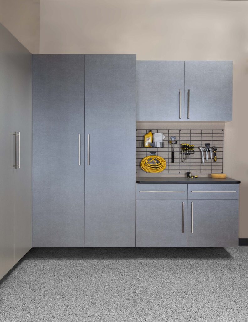Image of a fully finished Pewter-Cabinets-Ebony-Workbench-Gridwall-Smoke-Floor-Feb-2013