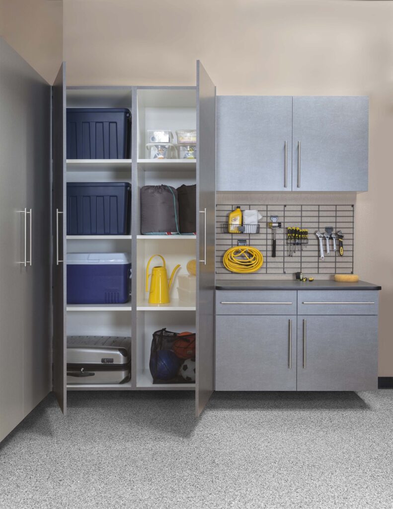 Image of a fully finished Pewter-Cabinets-Ebony-Workbench-Gridwall-Smoke-Floor-Two-Doors-Open-Feb-2013