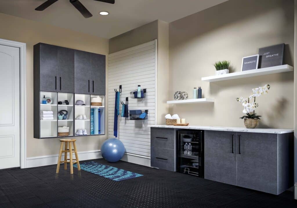 Image of a fully finished Pewter-Cabinets-Yoga-Studio-with-Marble-Countertops-Angle-Feb-2021