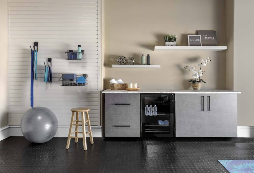Image of a fully finished Pewter-Cabinets-Yoga-Studio-with-Marble-Countertops-Feb-2021