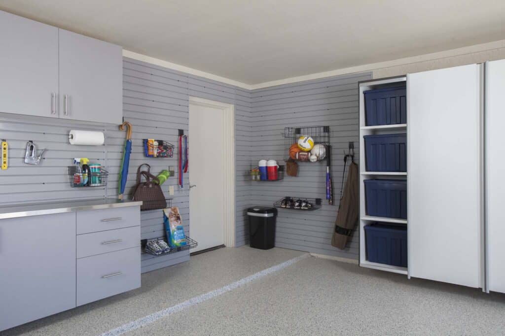 Image of a fully finished Silver-Cabinets-Gray-Slatwall-Angle