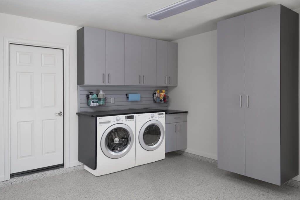 Image of a fully finished Silver-Cabinets-with-Washer-Dryer-Angle-Malouf-2016
