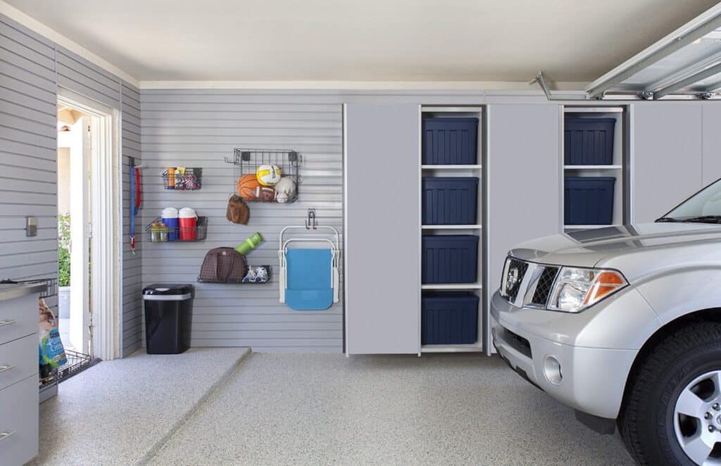 Image of a fully finished Silver-Sliding-Door-Grey-Slatwall-Silverado-Floor-Barker-2012