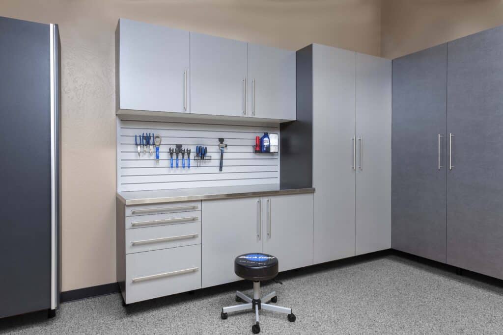 Image of a fully finished Silver-next-to-Pewter-Stianless-Workbench-with-Gray-Slatwall-fewer-props-Smoke-Floor-Feb-2013