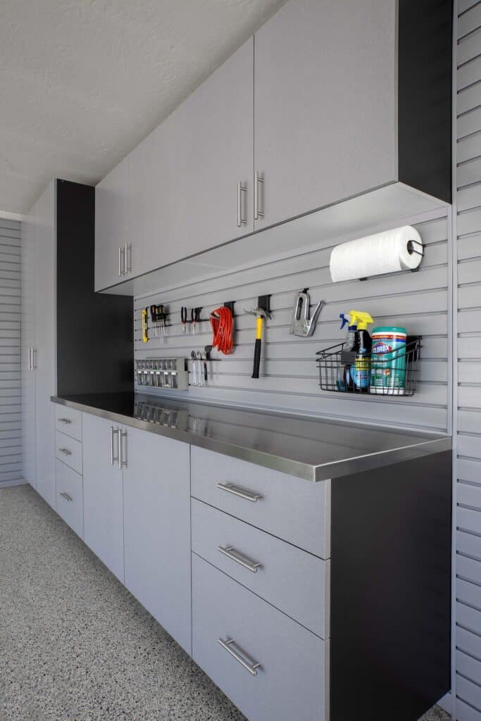 Image of a fully finished Sliver-Cabinets-Stainless-Workbench-Severe-Angle
