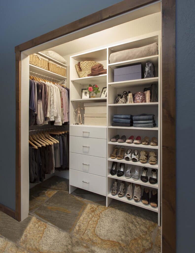 Image of a fully finished White-Modern-Reach-In-Closet-Rachel-Left-Side-May-2013