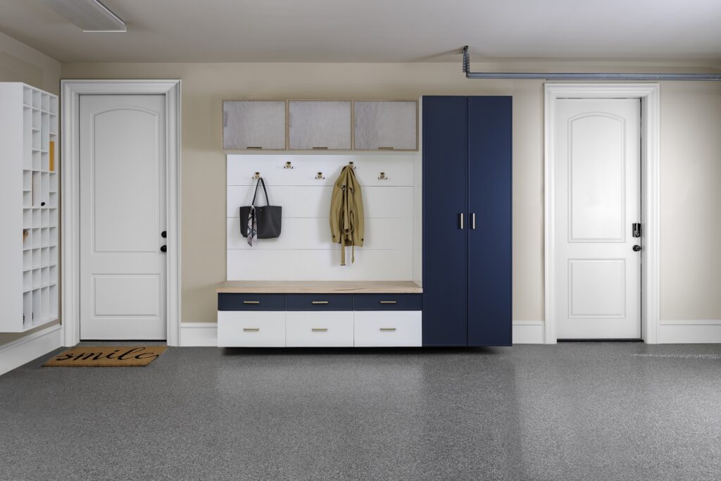Image of a fully finished White-and-Galaxy-Slim-Shaker-with-Lift-Up-Metal-Doors-Straight-Mudroom-Jun-2020-1